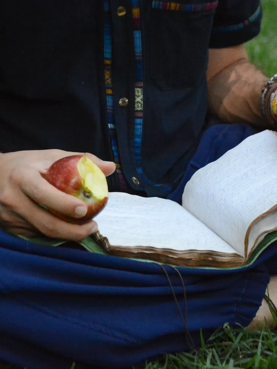 Manos sosteniendo una manzana sobre un cuaderno abierto, sentado en el pasto
