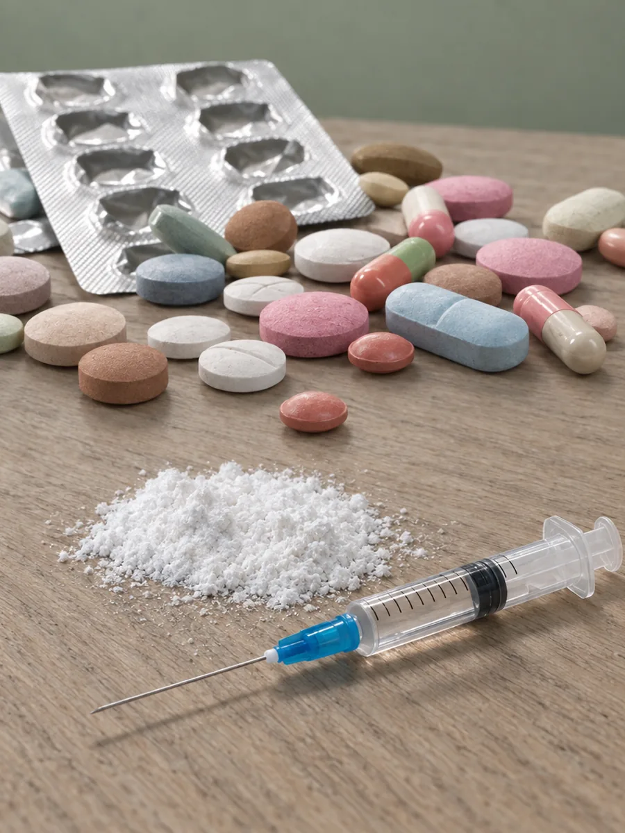 Pastillas, cápsulas y un blíster sobre una mesa de madera y, debajo, un polvo blanco junto a una jeringa
